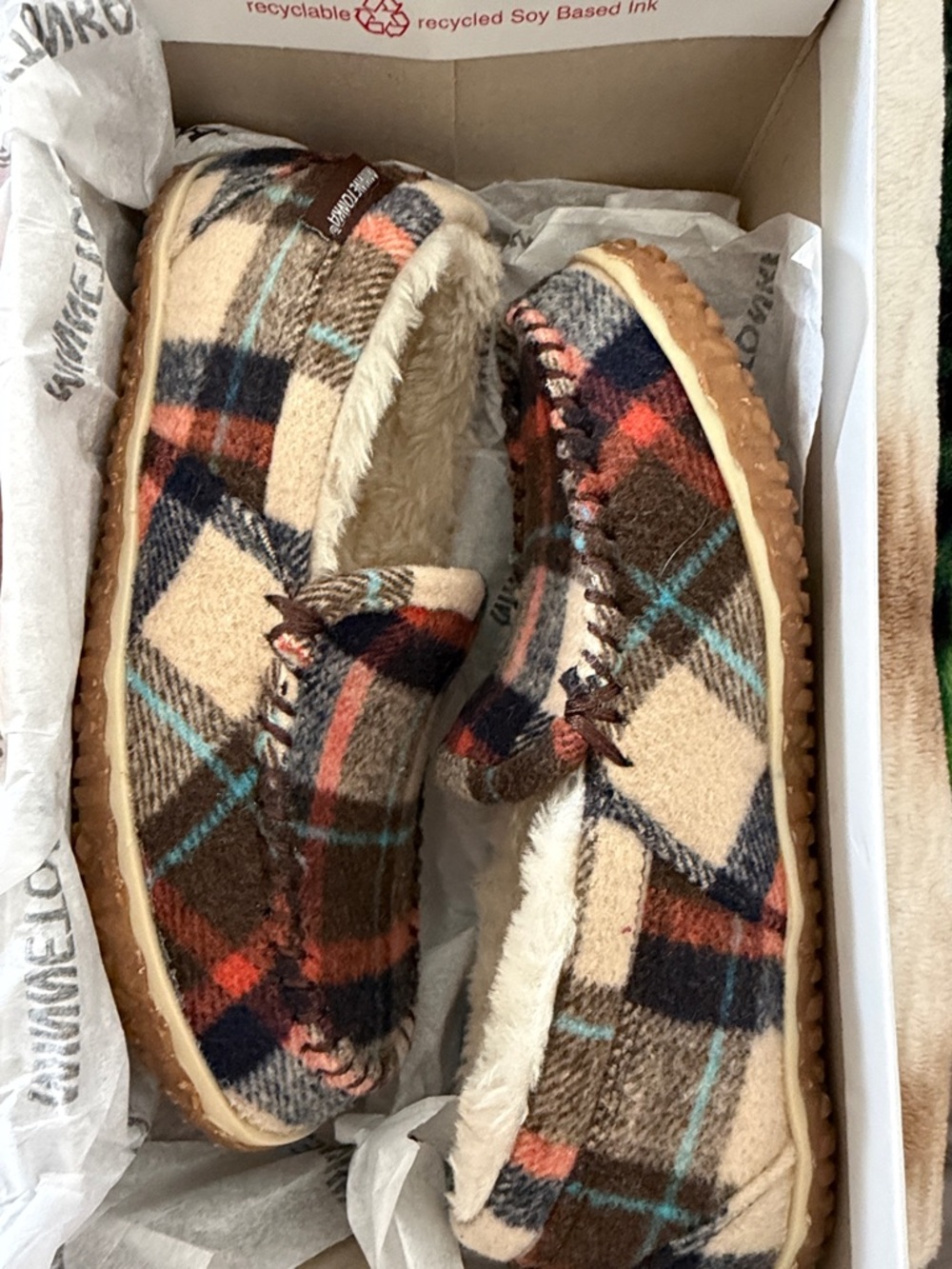 Minnetonka Plaid Moccasins in Beige, Brown, Navy & Teal